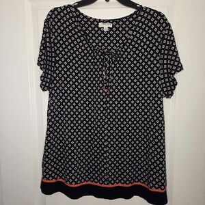 Anne Klein Black and White Geometric Blouse with Red Accents Sz 1X Preloved